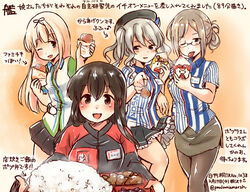  4girls akagi_(kancolle) black_hair blonde_hair clothes_writing commentary_request dated employee_uniform familymart glasses grey_hair kantai_collection kara-age_kun kashima_(kancolle) kashima_(lawson)_(kancolle) katori_(kancolle) kirisawa_juuzou lawson long_hair multiple_girls one_eye_closed pantyhose partially_translated poplar_(store) translation_request twitter_username uniform yuudachi_(familymart)_(kancolle) yuudachi_(kancolle) 