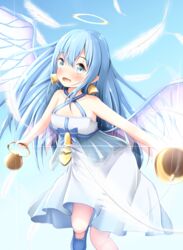  :d angel bad_arm bad_leg bell bell_earrings bellringer_angel blue_eyes blue_footwear blue_hair blue_sky blush commentary_request day dress earrings feathers female glint handbell highres jewelry long_hair looking_at_viewer mochiyuki open_mouth outdoors shadowverse shoes sky smile solo standing standing_on_one_leg white_dress white_feathers wings 