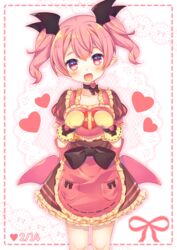  :d apron bat_hair_ornament black_bow bow box choker commentary_request dated demon_girl emelia_pris female frills hair_ornament heart heart-shaped_box highres lace looking_at_viewer low_wings natsume_asato oerba_yun_fang open_mouth oven_mitts pink_eyes pink_hair pop-up_story red_bow short_hair skin_fang smile solo twintails valentine wings 