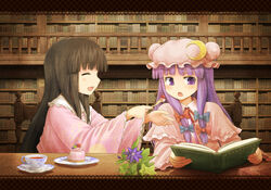  2girls black_hair blush book cake closed_eyes commentary_request crescent cup feeding flower food hat houraisan_kaguya long_hair morioka_itari multiple_girls open_book open_mouth patchouli_knowledge purple_hair smile teacup touhou 