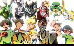  6+boys =_= adjusting_eyewear ahoge bad_id bad_pixiv_id blonde_hair blue_eyes bonnie_(pokemon) bow bowtie brock_(pokemon) brother_and_sister cilan_(pokemon) clemont_(pokemon) closed_eyes dark-skinned_male dark_skin dedenne eyelashes fangs female glasses green_eyes green_hair hand_on_own_hip headband holding holding_poke_ball jewelry jirachi kiawe_(pokemon) long_sleeves luxray matsu-jun max_(pokemon) multicolored_hair multiple_boys necklace onix open_clothes open_mouth open_vest pansage poke_ball poke_ball_(basic) pokemon pokemon_(anime) pokemon_(classic_anime) pokemon_(creature) pokemon_bw_(anime) pokemon_rse_(anime) pokemon_sm_(anime) pokemon_xy_(anime) pose scyther shirt siblings side_ponytail split_screen t-shirt topless_male tracey_sketchit traditional_bowtie turtonator very_dark_skin vest waistcoat white_background 