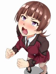  active_raid blush brown_hair brown_pantyhose clenched_hand commentary_request female from_above kazari_asami looking_up magekichi necktie open_mouth pantyhose pigeon-toed purple_eyes short_hair skirt skirt_set solo uniform wavy_mouth 