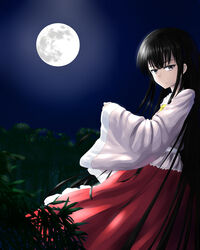  absurdres atkdog backlighting bamboo bamboo_forest black_eyes black_hair blurry bow commentary_request depth_of_field female forest frilled_skirt frills full_moon highres hime_cut houraisan_kaguya japanese_clothes kimono long_hair long_skirt long_sleeves looking_at_viewer looking_to_the_side moon moonlight nature night night_sky red_skirt skirt sky smile solo touhou very_long_hair wide_sleeves wind 