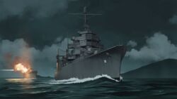  bad_id bad_pixiv_id battle cloud commentary highres mikado_(winters) military military_vehicle night night_sky no_humans ocean original ship sky uss_boise_(cl-47) uss_san_francisco_(ca-38) warship watercraft world_war_ii 