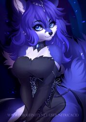  2018 anthro blue_body blue_eyes blue_fur breasts canid canine canis clothed clothing digital_media_(artwork) dress exposure_variation eyebrows eyelashes female front_view fully_clothed fur hi_res looking_at_viewer lucia_(grey_wolf_570) mammal nitricacid solo wolf 