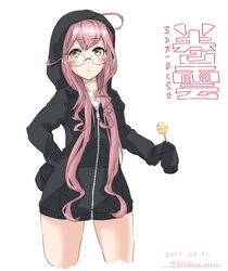  absurdres ahoge alternate_costume blush candy chupa_chups commentary_request cowboy_shot dated female food glasses hand_on_own_hip highres hood hooded_jacket jacket kantai_collection kirishina_(raindrop-050928) lollipop long_hair long_sleeves looking_up makigumo_(kancolle) one-hour_drawing_challenge pink_hair simple_background sleeves_past_fingers sleeves_past_wrists snack solo twintails twitter_username white_background yellow_eyes zipper 