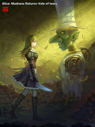  alice:_madness_returns alice_(wonderland) alice_in_wonderland alice_liddell american_mcgee&#039;s_alice black_hair boots dress gloves green_eyes hat knife long_hair mad_hatter pantyhose pointy_ears weapon yellow_eyes 