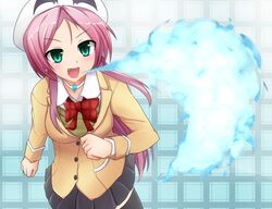  aqua_eyes black_thighhighs blazer blush breasts breath_weapon breathing_fire commentary_request dra+koi female fire gonsan hat heroine_(dra+koi) jacket large_breasts long_hair looking_at_viewer oerba_yun_fang open_mouth pink_hair school_uniform skirt slit_pupils smile solo thighhighs 