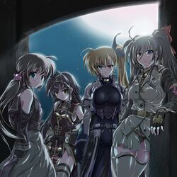  4girls bare_shoulders blonde_hair blue_eyes blush bodysuit commentary_request corona_timir detached_sleeves einhard_stratos green_eyes heterochromia highres long_hair looking_at_viewer lyrical_nanoha mahou_shoujo_lyrical_nanoha_vivid multiple_girls red_eyes rio_wezley shinooka_itsuya side_ponytail skindentation thighhighs thighs vivio 