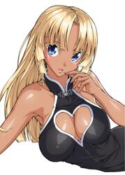  adjusting_clothes angela_carat bare_shoulders blonde_hair blue_eyes breasts cleavage cleavage_cutout dark_skin female female large_breasts long_hair looking_at_viewer lying open_mouth ozaneko shiny shiny_skin simple_background smile solo tag_force white_background yu-gi-oh! yuu-gi-ou_tag_force 