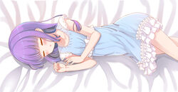  :o aikatsu! aikatsu!_(series) bare_arms bed_sheet blush bow closed_eyes collarbone commentary feet_out_of_frame female fingernails frills highres hikami_sumire long_hair lying makiaato nightgown on_side parted_lips purple_hair sleeping sleeveless solo white_bow 