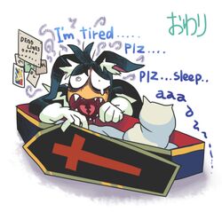  1boy animal_ears bat_ears coffin commentary_request draculala_(gashi-gashi) drawing_(object) gashi-gashi male_focus original pillow sharp_teeth sleepy solo teeth 