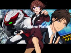  1boy active_raid black_hair blush breasts brown_hair dual_persona female kazari_asami kuroki_takeru long_hair mecha necktie open_mouth pink_eyes pointing purple_eyes scar short_hair skirt skirt_suit suit v 