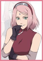  biting_finger black_gloves facial_tattoo female forehead_mark gloves green_eyes hairband naruto naruto_shippuuden older pink_hair sakura_haruno short_hair smile solo you_gonna_get_raped 