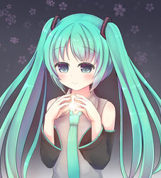  absurdres bare_shoulders blue_eyes blush cherry_blossom_print closed_mouth collared_shirt commentary_request female fingernails floral_print green_hair green_necktie grey_shirt hair_ornament hands_up hatsune_miku highres long_hair long_sleeves makiaato necktie shirt sidelocks sleeveless sleeveless_shirt smile solo twintails very_long_hair vocaloid wide_sleeves 