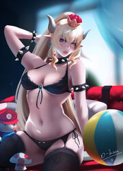  1boy armlet bad_id bad_pixiv_id ball beachball black_bra black_panties black_thighhighs blonde_hair blue_eyes boo_mario bowsette bra bracelet breasts cleavage collar crown d-han female highres horns jewelry lips long_hair mario mario_(series) mushroom navel new_super_mario_bros._u_deluxe panties photoshop_(medium) pointy_ears sitting skindentation solo_focus spiked_armlet spiked_bracelet spiked_collar spikes string_panties stuffed_toy super_crown thighhighs underwear 