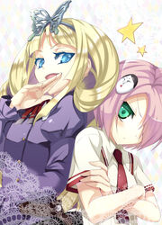  2girls angry aqua_eyes blonde_hair blush busou_shoujo_machiavellism chouka_u_baragasaki closed_mouth commentary_request crossed_arms hair_over_one_eye kanzaki_karuna long_hair long_sleeves mozunono_nono multiple_girls necktie open_mouth photoshop_(medium) pink_hair red_necktie school_uniform serafuku short_hair short_sleeves star_(symbol) 