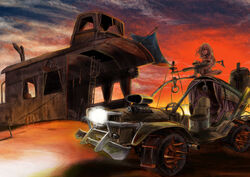  abandoned bad_id bad_pixiv_id caboose car cloud cloudy_sky commentary_request cross curtains desert dune_buggy female gilgil gun headlight holding holding_gun holding_weapon jury-rigged ladder lizard long_hair motor_vehicle on_vehicle original post-apocalypse red_eyes rifle rope sky solo sunset tarpaulin vehicle_focus weapon 