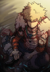  1boy 2nd_popularity_poll_(boku_no_hero_academia) abs absurdres alternate_costume armband bakugou_katsuki belt blonde_hair boku_no_hero_academia boots cape character_name closed_mouth commentary_request earrings from_above fur_trim groin highres indian_style jewelry lips looking_at_viewer male_focus muscular official_alternate_costume partially_submerged photoshop_(medium) red_eyes sitting tattoo topless_male water wet wet_hair xiao_(creation0528) 