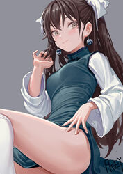  artist_name ass black_hair blue_dress blush breasts brown_eyes china_dress chinese_clothes commentary dress earrings eyeball_bracelet_girl_(fkey) eyebrows_hidden_by_hair feet_out_of_frame female fkey grey_background hair_between_eyes hair_ribbon hand_up highres jewelry kneehighs long_hair long_sleeves medium_breasts mole mole_under_eye original ribbon signature simple_background smile socks solo symbol-only_commentary thighs two_side_up white_ribbon white_socks wide_sleeves yin_yang yin_yang_earrings 