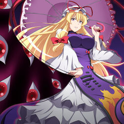  absurdres aura blonde_hair bow breasts commentary dress female flame_print from_below gap_(touhou) grin hairbow hat hat_ribbon highres holding holding_umbrella kyoukyan large_breasts long_hair long_sleeves looking_at_viewer looking_down mob_cap nail_polish pink_nails purple_eyes red_eyes ribbon smile solo tabard touhou umbrella very_long_hair white_dress wide_sleeves yakumo_yukari yin_yang 