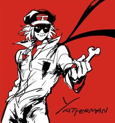  1boy bandana bone cabbie_hat commentary_request copyright_name hat jumpsuit limited_palette male_focus popped_collar protected_link red_background simple_background smile solo supako_(suuuu_pa) takada_gan time_bokan_(series) yatterman 