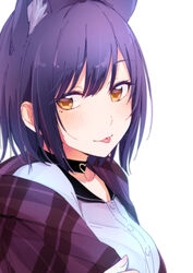  :p animal_ears black_choker cat_ears choker closed_mouth commentary_request female from_side heart looking_at_viewer looking_to_the_side mole mole_under_eye nijisanji open_clothes purple_hair shirt shizuka_rin shizuka_rin_(4th_costume) simple_background smile solo teti tongue tongue_out upper_body virtual_youtuber white_background white_shirt yellow_eyes 