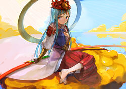  amaterasu_(p&amp;d) barefoot blue_eyes blue_hair commentary_request feet female hagoromo hakama hakama_skirt headpiece japanese_clothes long_hair muneate nuda puzzle_&amp;_dragons red_hakama shawl sitting skirt solo toes 