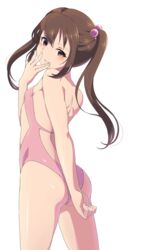  ass back backless_outfit bad_id bad_pixiv_id blush brown_hair covering_ass covering_own_mouth covering_privates female flat_chest hair_bobbles hair_ornament highres kurosa_kichi long_hair looking_at_viewer one-piece_swimsuit parted_lips photokano pink_one-piece_swimsuit sakura_mai_(photokano) seductive_smile simple_background smile solo standing swimsuit twintails white_background 