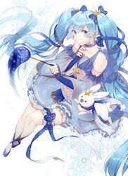  animal aqua_eyes aqua_hair bare_legs blush bow bridal_garter bubble chinese_commentary clothed_animal commentary_request constellation constellation_print detached_sleeves dress eyelashes female fingerless_gloves frilled_skirt frills full_body gloves hair_between_eyes hair_ornament hairbow hairpin hatsune_miku highres holding jewelry long_hair looking_at_viewer midair mixed-language_commentary nail_polish partial_commentary phino rabbit rabbit_yukine ribbon scarf shoes side_ponytail simple_background skirt smile snow staff_(music) star_(symbol) star_night_snow_(vocaloid) twintails very_long_hair vocaloid wand white_background wide_sleeves yuki_miku yuki_miku_(2017) 