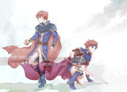  2boys armor binding_blade_(weapon) blue_eyes boots cape commentary_request eliwood_(fire_emblem) father_and_son fingerless_gloves fire_emblem fire_emblem:_the_binding_blade fire_emblem:_the_blazing_blade gloves headband isa_(chiyo-s) long_sleeves male_focus multiple_boys rapier red_hair roy_(fire_emblem) short_hair sword time_paradox weapon 