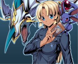  angela_carat armor blonde_hair blue_eyes blush breast_press breasts creature crystal_beast_ruby_carbuncle dark_skin dragon fangs female female long_hair looking_at_viewer medium_breasts monster ozaneko rainbow_dragon shiny shiny_skin simple_background smile solo swimsuit tag_force tail upper_body wings yu-gi-oh! yuu-gi-ou_tag_force 