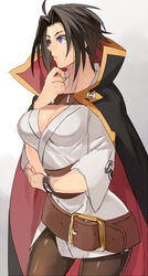  belt black_hair blazblue cape commentary_request female forked_eyebrows genderswap_(mtf) kagura_mutsuki rule_63 solo tomo_(tomorag7) 