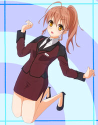  active_raid ahoge blush breasts brown_hair female long_hair necktie open_mouth pickurz ponytail shoes skirt skirt_suit suit yamabuki_rin yellow_eyes 