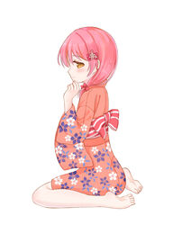  barefoot bow brown_eyes brown_kimono closed_mouth commentary_request female floral_print flower from_side full_body hair_between_eyes hair_flower hair_ornament hairbow japanese_clothes kimono long_hair makiaato obi original partial_commentary pink_hair print_kimono profile red_bow sash simple_background sitting smile soles solo striped striped_bow wariza white_background 