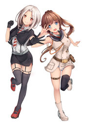  2girls :d absurdres aiguillette armband bad_id bad_pixiv_id bare_shoulders belt belt_pouch black_capelet black_gloves black_legwear black_sailor_collar black_skirt blue_eyes blush brown_belt brown_hair capelet chinese_commentary collar collared_shirt commentary cross dress full_body garter_straps gloves grin hair_ornament high_heels highres iron_cross long_hair looking_at_viewer miniskirt multiple_girls necktie oerba_yun_fang open_mouth outstretched_arm panties pantyshot pencil_skirt ponytail pouch red_eyes red_footwear rhineheim sailor_collar sailor_dress shirt shoes short_hair single_thighhigh skirt smile standing standing_on_one_leg striped_clothes striped_necktie striped_panties suspenders thigh_strap thighhighs underwear very_long_hair vittorio_veneto_(warship_girls_r) warship_girls_r white_background white_footwear white_hair white_shirt z1_leberecht_maass_(warship_girls_r) 