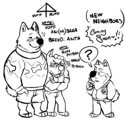  3_toes 5_fingers ^_^ akita anthro barefoot black_and_white blush bodily_fluids bottomwear canid canine canis cheek_tuft closed_eyes clothed clothing crossed_arms denim denim_bottomwear denim_clothing domestic_dog english_text eyebrows facial_tuft feet fingers fully_clothed gab_(comic) gab_shiba gabshiba group half-closed_eyes hand_in_pocket hand_on_head head_tuft heart_symbol jacket jeans larger_male line_art male male/male mammal monochrome narrowed_eyes open_mouth pants pit_bull pockets question_mark ruff_bull shiba_inu shirt shorts simple_background size_difference smaller_male smile spitz standing sweat sweatdrop sweater t-shirt text toes topwear tuft voff_akita white_background 