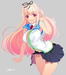  :d alternate_costume artist_name ass_visible_through_thighs bare_arms bare_shoulders black_ribbon black_skirt blonde_hair blush breasts commentary_request employee_uniform familymart female grey_background hair_ribbon hand_in_own_hair highres kantai_collection large_breasts lips long_hair looking_at_viewer name_tag navel necktie oerba_yun_fang open_mouth orange_hair pleated_skirt red_eyes red_necktie ribbon signature simple_background skirt sleeveless smile solo standing tareme tebi_(tbd11) teeth uniform very_long_hair vest yuudachi_(familymart)_(kancolle) yuudachi_(kancolle) yuudachi_kai_ni_(kancolle) 