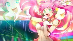  bad_id bad_pixiv_id blue_eyes colorful elbow_gloves female gloves hand_on_own_chest headphones long_hair open_mouth pink_hair side_ponytail sleeveless smile solo uni_(vocaloid) very_long_hair vivinos vocaloid white_gloves 