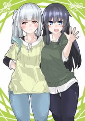  2girls :&lt; absurdres alternate_costume arms_behind_back artist_name asashio_(kancolle) black_hair blue_eyes blush brown_eyes casual collarbone collared_shirt commentary contemporary grey_hair hair_between_eyes hair_over_shoulder hair_ribbon hand_on_another&#039;s_shoulder highres kantai_collection kasumi_(kancolle) kirishina_(raindrop-050928) long_hair long_sleeves looking_at_viewer looking_away multiple_girls open_mouth pants ribbon round_teeth shirt side_ponytail simple_background sleeves_rolled_up smile sweater teeth white_hair white_ribbon white_shirt 