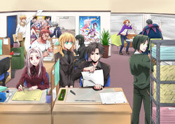  3girls 6+boys ahoge animation_paper_(object) animator artoria_pendragon_(fate) bad_id bad_pixiv_id bespectacled black_hair black_ribbon black_suit blonde_hair blunt_bangs box brown_eyes bulldog_clip chair cigarette coffee coffee_mug collared_shirt commentary_request concentrating couch cubicle cup desk diarmuid_ua_duibhne_(lancer)_(fate) door drawing emiya_kiritsugu envelope eraser fate/kaleid_liner_prisma_illya fate/zero fate_(series) formal fourth_wall from_behind from_side gilgamesh_(fate) gilles_de_rais_(caster)_(fate) glasses green_eyes grey_hair gucce222 hisau_maiya holding holding_envelope indoors irisviel_von_einzbern iskandar_(fate) itomugi-kun light_box long_sleeves looking_at_another looking_at_viewer manila_envelope matou_kariya mug multiple_boys multiple_girls neck_ribbon office office_chair office_lady open_mouth paper peg_bar pen pencil pencil_case pencil_sharpener plant poster_(object) potted_plant rectangular_eyewear red_eyes red_shirt ribbon rimless_eyewear ruler saber_(fate) serious shelf shirt short_sleeves sidelocks sink sitting sketching smile standing sticky_note storyboard suit swivel_chair t-shirt tape_dispenser tareme trash_can upper_body uryuu_ryuunosuke waver_velvet white_hair white_shirt window window_blinds writing 