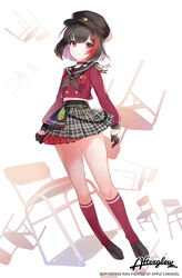  apple_caramel artist_name bang_dream! black_gloves black_hair black_hat black_neckerchief black_ribbon black_sailor_collar brown_footwear cabbie_hat chair closed_mouth commentary_request female full_body gloves grey_skirt hair_between_eyes half_gloves hat head_tilt highres kneehighs loafers long_sleeves looking_at_viewer lost_one_no_goukoku_(vocaloid) miniskirt mitake_ran multicolored_hair neckerchief photoshop_(medium) plaid plaid_skirt pleated_skirt purple_hair red_eyes red_hair red_shirt red_socks ribbon sailor_collar school_uniform serafuku shirt shoes skirt socks solo star_(symbol) streaked_hair two-tone_hair white_background 