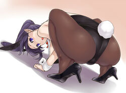  all_fours animal_ears ass bare_shoulders bow bowtie breasts brown_pantyhose commentary_request detached_collar female gradient_background henkuma high_heels large_breasts long_hair looking_back open_mouth original pantyhose playboy_bunny pointy_ears ponytail purple_eyes purple_hair rabbit_ears rabbit_tail simple_background solo tail wrist_cuffs 