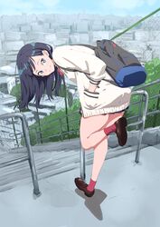  bent_over black_hair black_skirt blue_eyes cardigan commentary_request female gridman_universe hand_in_pocket highres long_hair looking_at_viewer microskirt nakamura_kou outdoors pleated_skirt red_legwear school_uniform skirt smile solo ssss.gridman stairs takarada_rikka white_cardigan 