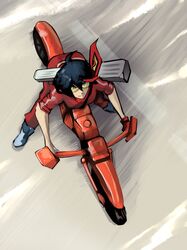  alternate_costume black_hair blue_eyes female highres kill_la_kill lemon_(lemonfont) matoi_ryuuko motor_vehicle motorcycle over_shoulder riding scissor_blade senketsu shooting_glasses short_hair solo spoilers track_suit vehicle weapon weapon_over_shoulder 