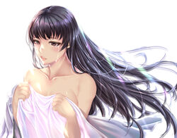  after_rape bad_id bad_pixiv_id bed_sheet black_hair breasts brown_eyes collarbone female fighter_(goblin_slayer!) goblin_slayer! hair_down highres large_breasts light_rays long_hair nude open_mouth solo tears tomoshibi wind 