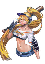  absurdres bad_id bad_pixiv_id bandage_on_face bandages baseball_uniform blonde_hair breasts female herowarz highres hip_focus jerry_(herowarz) large_breasts long_hair narrow_waist navel ponytail simple_background solo sportswear sweat tamidro very_long_hair visor_cap white_background yellow_eyes 