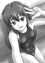  commentary_request competition_swimsuit couch female greyscale long_hair monochrome one-piece_swimsuit original reaching reaching_towards_viewer selfie sitting solo swimsuit tk4 twintails v_over_eye 