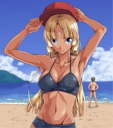  angela_carat bare_shoulders beach bikini blonde_hair blue_eyes breasts curvy dark_skin female female long_hair looking_at_viewer medium_breasts ocean ozaneko shiny shiny_skin simple_background sky smile solo standing swimsuit tag_force thighs upper_body water yu-gi-oh! yuu-gi-ou_tag_force 