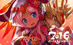  2016 :d bird blue_eyes commentary_request dark_skin falcon female floral_print flower hair_flower hair_ornament hathor_(p&amp;d) headdress horns horus_(p&amp;d) japanese_clothes kimono long_hair new_year nijuu on_shoulder open_mouth pink_hair puzzle_&amp;_dragons smile yellow_eyes 